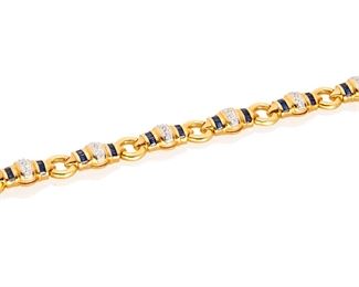 212
A Sapphire And Diamond Bracelet
18k yellow and white gold; Stamped: 18k
Set with thirty-three round full-cut diamonds totaling approximately 0.30ct. in weight and graded H-I color and VS clarity and sixty-six calibre-cut sapphires totaling approximately 2.00cts.
0.25" W x 7.0" L
15.3 grams
Estimate: $1,000 - $1,500