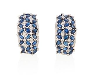 211
A Pair Of Sapphire And Diamond Earrings
18k white gold; Stamped: 18k / 750 / Maker's mark
The huggie style earrings are set with fifty-four marquise-cut sapphires each gauged at 3.7mm x 2mm totaling approximately 3.75cts. in combined weight further set with thirty-six round full-cut diamonds totaling approximately 0.50ct. in weight and each graded G-H color and SI clarity with post and omega clip backings
0.50" W x 0.875" H
12.1 grams
2 pieces
Estimate: $800 - $1,200