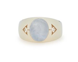 218
A Star Sapphire And Diamond Ring
14k white gold
Centering a bezel-set oval star sapphire gauged at 12.3mm x 10.2mm x 9.2mm and flanked on either side by two round full-cut diamonds totaling approximately 0.20ct. in weight
Ring size: 10
15.3 grams
Estimate: $500 - $700