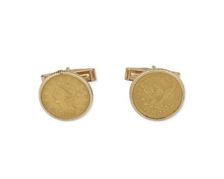 227
A Pair Of $2 1/2 Dollar Liberty Coin Cufflinks
14k yellow gold; Stamped: 14k
The cufflinks each center an 1878 and 1906 $2 1/2 dollar Liberty gold coin
0.75" Dia
15 grams
2 pieces
Estimate: $500 - $700