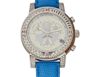 231
A Faconnable Diamond Chronograph Wristwatch
A white two-tone dial, three sub-dials, date aperture, signed Faconnable with a jeweled quartz movement (not examined) within a chrome metal case with applied plastic finishing strips (one missing), signed, #0071867, with a blue skin strap
50mm x 41mm
66 grams
Estimate: $300 - $500
