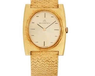 233
A Bucherer Gold Wristwatch
18k yellow gold
An oval gilt dial, applied baton gilt hour markers, signed Bucherer with a jeweled stem wind and set movement (not examined) within an 18k yellow gold case with an integrated textured bracelet, hallmarked, #915
34mm x 28mm. 7.75" L
86 grams
Estimate: $2,500 - $3,500