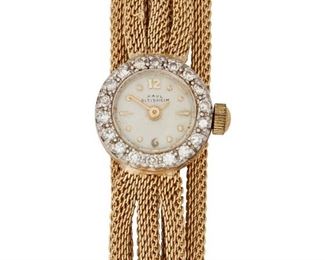 235
A Paul Ditisheim Gold Wristwatch
14k yellow gold
A round white dial, polished gilt hour markers, signed Solvil Paul Ditisheim with a 17 jewel stem wind and set manuel movement, signed Solvil Paul Ditisheim, #1188 within a 14k yellow gold case with integrated gold rope strands with clasp, inset diamond bezel, hallmarked 14k
15mm Dia x 191mm
35 grams gross
Estimate: $1,000 - $1,500