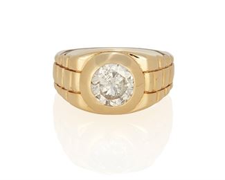236
A Diamond Ring
14k yellow gold; Stamped: 14k
Centering a transitional brilliant-cut diamond gauged at 7.4mm x 7.4mm x 4.2 weighing approximately 1.40cts. and graded I-J color and I2 clarity (0.375" H)
Ring size: 7.25
6.5 grams
Estimate: $3,000 - $5,000