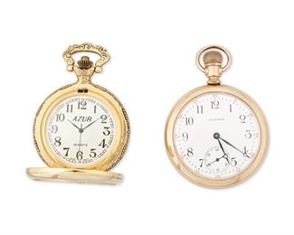238
A Group Of Two Pocket Watches
Including a Waltham pocket watch with a round white porcelain dial, black Arabic hour markers, Sub-seconds, signed Waltham, 1904 with a 21 jewel stem wind and lever set movement, signed Crescent St. Waltham, Mass., #14094267, size 16s within a yellow gold-filled open face case, signed C.W.C. Co. Planet, #1733091 (94 grams, 51mm Dia), and an Azur pocket watch, late 20th century, with a round cream dial with black Arabic hour markers, signed Azur with a quartz movement, signed Elemex within a gold-tone hunter case (51 grams, 47mm Dia)
2 pieces
Estimate: $200 - $400
