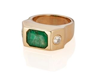 239
An Emerald Doublet And Diamond Ring
14k yellow gold; Stamped: 14k
Centering a bezel set rectangular step-cut emerald doublet gauged at 10.6mm x 8.6mm x 5.1mm and flanked on either side by two round full-cut diamonds totaling approximately 0.40ct. in weight and graded I-J color and SI/I1 clarity (0.375" W)
Ring size: 7
17.5 grams
Estimate: $600 - $800