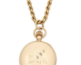 240
A Waltham Covered Pocket Watch With Chain
1907 <br /> 14k yellow gold; Each stamped: 14k
With a round white porcelain dial with black Roman numeral hour markers, outer minute track, sub-second dial, signed Waltham in a 16 jewel stem wind and set movement, signed A.W. & Co. Lady Waltham, Serial: 16054766, size O within a 14k yellow gold hunters case, size O, smooth polish with etched floral and bow design with inset with three round single-cut diamonds totaling approximately 0.05ct., personalized initials, signed C.W. MF'G Warranted 14k U.S. Assay, #186864, Chain detachable twisted rope neck chain (0.125" W x 32.5" L), hallmarked.
35mm Dia. size O
Chain: 15.7 grams; Watch: 39.6 grams
2 pieces
Estimate: $200 - $300