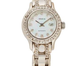 243
A Geneve Gold And Diamond Wristwatch
18k white gold
With a round mother-of-pearl dial with diamond hour markers, date aperture, signed Geneva Automatic with an automatic and stem wind mechanical movement (not examined) within an 18k white gold case and bracelet, screw down crown, inset melee diamond bezel, with inset diamond link bracelet, hallmarked
36mm x 30mm Dia. 6.75" Cir
94 grams
Estimate: $2,500 - $3,500