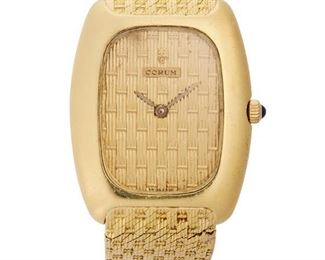 244
A Corum Gold Wristwatch
1970's, 18k yellow gold
With a cushion shaped woven tapestry textured gilt dial, signed Corum with a 21 jewel stem wind and set movement, straightline lever escapement, monometallic balance, Breguet style spring, micro regulator, signed Corum, #72534 within an 18k yellow gold cushion shaped case with woven tapestry texured integrated bracelet, jeweled winding crown, hallmarked, #8704
37mm x 30mm; 7.00" L
82 grams gross
Estimate: $2,000 - $3,000