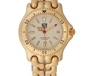 245
A Tag Heuer Wristwatch
Stainless steel
With a circular cream dial with luminous baton hour markers, date aperture, signed Tag Heuer / Professional / 200 Meters with a jeweled quartz movement, (not examined) within a gold plated stainless steel case and bracelet, rotating bezel, screw down crown, signed Tag Heuer, #S94.006
45mm x 38mm, 8.25" Cir
113 grams
Estimate: $400 - $600