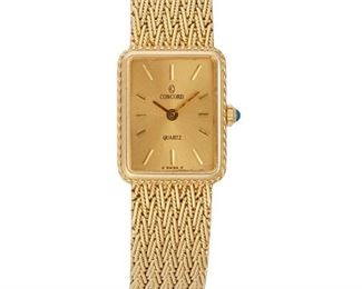 246
A Concord Gold Wristwatch
14k yellow gold
With a gilt rectangular dial, applied gilt hour markers, signed Concord / Quartz with a jeweled quartz movement (not examined) within a 14k yellow gold case and herringbone bracelet, signed Concord, hallmarked, Ref: 20 60 660 P81, Serial: 485460,
30mm x 16mm. 6.5" L
32 grams
Estimate: $800 - $1,200