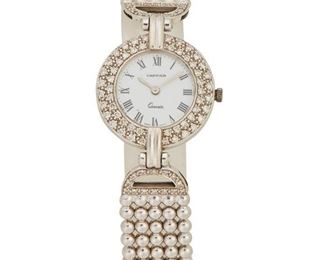 247
A Diamond Wristwatch
14k white gold
With a round white dial, signed after Cartier with a 4 jewel quartz movement, Ronda within a 14k white gold case and bracelet, bezel set with melee diamonds, hallmarked
32mm x 25mm
45 grams
Estimate: $1,500 - $2,000