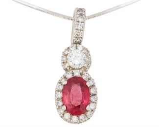 253
A Ruby And Diamond Pendant
18k white gold; Stamped: 18kt / 750 / Italy
Centering an oval mixed-cut ruby gauged at 7.1mm x 5.0mm x 3.5mm weighing approximately 1.00ct. and accented by fifty-four round full-cut diamonds totaling approximately 0.60ct. in combined weight and each graded G-H color and VS clarity suspended on a detachable neck chain (16.0" L)
0.25" W x 0.875" H
4.6 grams
2 pieces
Estimate: $800 - $1,200