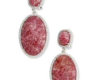 258
A Pair Of Rhodonite And Diamond Ear Pendants
14k white gold
The drop earrings feature faceted oval fancy-cut rhodonite each gauged at 27mm x 17mm x 5.6mm and 9.9mm x 7.8mm x 3.3mm accented by one hundred eight-eight round full-cut diamonds totaling approximately 0.63ct. in weight and each graded I-J color and SI/I clarity with post and omega clip backings
0.75" W x 1.875" H
16.2 grams
2 pieces
Estimate: $600 - $800