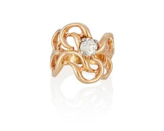 259
A Diamond Freeform Ring
14k yellow gold
Centering an old mine-cut diamond ring gauged at 6.1mm x 5.9mm x 4.0mm weighing approximately 0.90ct. and graded J-K color and I1 clarity (0.875" H)
Ring size: 7.25
10.5 grams
Estimate: $1,200 - $1,800