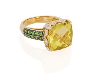 265
A Lemon Quartz, Tsavorite And Diamond Ring
18k yellow and oxidized gold; Stamped: 18k / 750 / Tt
Centering a fancy cushion-cut citrine gauged at 13mm x 13mm x 8.9mm accented with twenty tsavorite garnets lining the shoulders totaling approximately 0.60ct. and further accented with forty-four round full-cut diamonds totaling approximately 0.30ct. and graded H-I color and SI clarity (ring size: 7.75)
8.2 grams
Estimate: $600 - $800