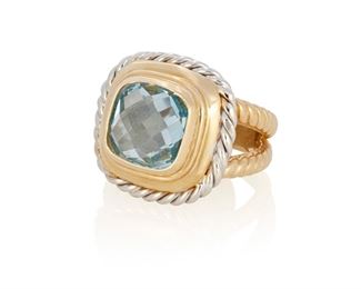 269
A Blue Topaz Ring
14k white and white gold; Stamped: 14kt / Italy / E C
Centering a square fancy-cut blue topaz gauged at 10mm x 10mm x 5.3mm set in a twisted rope two-tone gold mounting (ring size: 6.75)
0.625" Dia
7.2 grams
Estimate: $400 - $600
