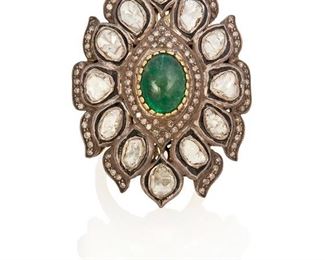 281
An Indian Emerald And Diamond Ring
Silver and 14k yellow gold
Centering a bezel-set cabochon-cut oval emerald gauged at 12mm x 9mm surrounded by twelve tablet-cut diamonds largest gauged at 6.5mm x 4.5mm each graded M+ in color and I2 clarity surrounded by one hundred twenty-six round single-cut diamonds totaling approximately 0.75ct. in weight and graded yellow and brown in color and I1-I3 clarity accented with black enamel (1.625" W x 2.0" H)
Ring size: 7
25.2 grams
Estimate: $1,000 - $1,500