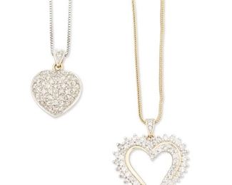 289
Two Diamond Heart Pendant Necklaces
18k, 14k and 10k yellow and white gold; Variously stamped: 750 / 14k
Including a 14k yellow and white gold domed heart pendant set with forty-three round full-cut diamonds totaling approximately 0.85ct. in weight and graded K-L color and I1 clarity (0.625" W x 1.0" H) suspended on a detachable 14k white gold neck chain (16.0" L) and a 10k yellow and white gold open heart pendant set with sixty-three round full-cut diamonds totaling approximately 1.00ct. in weight and graded I-K color and I1/I2 clarity (1.0" W x 1.125" H) suspended on a detachable 18k yellow gold neck chain (20.0" L)
18k: 4.0 grams; 14k: 5.1 grams; 10k: 3.2 grams
4 pieces
Estimate: $400 - $600