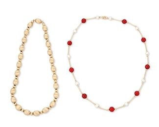 290
Two Bead Necklaces
14k yellow gold; Stamped: 14k / 585
Including a gold bead necklace with alternating polished and textured beads (0.25" W x 15.0" H, 14.2 grams) and necklace set with alternating freshwater pearl beads each gauged at approximately 6mm and round coral beads gauged at approximately 7.9mm further set with gold round and bar beads (18.0" L, 11.0 grams)
2 pieces
Estimate: $800 - $1,200