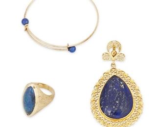 291
Three Blue Gemstone Jewelry Items
22k and 14k yellow gold; Ring stamped: 14k / EWR
Including a 22k pendant centering a large pear-shape lapis lazuli gauged at 35mm x 24mm x 6.26mm (1.50" W x 2.75" H), a 14k yellow gold ring centering a marquise-shaped azurmalachite gauged at 25mm x 10.5mm (0.625" W x 1.125" H) and a 14k yellow gold wire bracelet terminating with two round lapis lazuli beads each gauged at 5.8mm (6.5" Cir)
22k: 21.5 grams; 14k: 21.5 grams
3 pieces
Estimate: $1,200 - $1,800