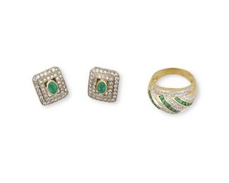 294
Two Emerald And Diamond Jewelry Items
18k yellow and white gold
Including an 18k yellow and white gold bombe style ring (0.375" H) comprising of twenty-four calibre-cut emeralds totaling approximately 0.70ct. in weight and further accented by fifty-two round full-cut diamonds totaling approximately 0.40ct. in weight and each graded I-J color and SI clarity (ring size: 7.5) and a pair of 18k white and yellow gold earrings set with two oval mixed-cut emeralds each gauged at 6mm x 4.2mm x 3.3mm surrounded by a total of eighty-eight round full-cut diamonds totaling approximately 1.40cts. in weight and graded I-J color and SI clarity (0.50" Dia) complete with post and push backings
13.7 grams
3 pieces
Estimate: $1,200 - $1,800