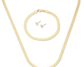 295
A Group Of Diamond Jewelry
14k yellow gold; Chains stamped: 14k / 80
Including a pair of star-shaped diamond stud earrings each gauged at 6mm and graded K-L color and SI clarity (0.375" Dia), a star-shaped pendant centering a star-shaped diamond gauged at 6.8mm in diameter and graded K-L color and SI clarity (0.875" Dia) suspended on an detachable flat herringbone neck chain (1.875" W x 20" L) with a matching bracelet (0.1875" W x 7.75" L)
Two chains: 13.8 grams; Pendant and earrings: 2.3 grams
5 pieces
Estimate: $600 - $800