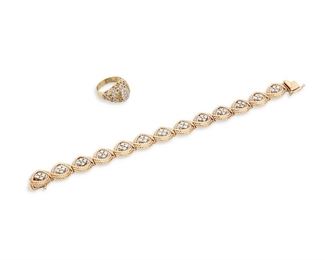 297
Two Diamond Jewelry Items
18k and 14k yellow gold; Both stamped for gold
Including an 18k bi-colored gold ring set with twelve round full-cut diamonds totaling approximately 0.20ct. in weight (ring size: 6.75, 0.50" H) and a 14k yellow and white gold rope link bracelet set with fifty-two round full-cut diamonds totaling approximately 2.00cts. in weight and graded H-J color and SI clarity (7.0" L x 0.50" W)
18k: 6.4 grams; 14k: 28.4 grams
2 pieces
Estimate: $1,000 - $1,500