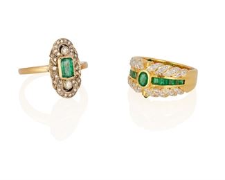 299
Two Emerald And Diamond Rings
Platinum topped 18k yellow gold and 18k yellow gold; Scratch marks inside the platinum topped ring: 750 / 100
Two emerald rings including one 18k yellow and white gold ring centering one oval mixed-cut emerald, ten calibre-cut emeralds and two small cabochon-cut emeralds all totaling approximately 0.80ct. in weight and further accented with thirty-two round full-cut diamonds totaling approximately 0.25ct. and graded G-H color and SI clarity (ring size: 7) and a platinum topped 18k yellow gold ring centering a bezel set emerald gauged at 6.0mm x 4.2mm x 2.9mm weighting approximately 0.50ct. further accented with thirty-two round full and single-cut diamonds totaling approximately 0.25ct. in weight and graded J-K color and SI clarity (ring size: 7.25)
Platinum topped: 0.25" W x 0.625" H; 18k ring: 0.375" H
Platinum topped: 4.8 grams; 18k ring: 7.0 grams
2 pieces
Estimate: $800 - $1,200