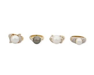 300
Four Cultured Pearl Rings
18k yellow and white gold gold; Variously stamped: 750 / 18k
A group of four 18k yellow and white gold rings including an off-round white cultured pearl ring gauged at 11.5mm flanked on either side by thirty-six round full-cut diamonds totaling approximately 0.30ct. in weight and graded F-G color and SI clarity (ring size: 6.75), a white with a rose overtone cultured pearl ring gauged at 9mm accented with approximately fifty round single-cut diamonds totaling approximately 0.25ct. and graded G-H color and SI clarity (ring size: 7), a white cultured pearl ring gauged at 11.8mm flanked by twenty tapered-baguette cut diamonds totaling approximately 0.40ct. and graded F-G color and VS clarity (ring size: 6) and a Tahitian cultured pearl ring gauged at 11mm and flanked by two triangular brilliant-cut diamonds totaling approximately 0.36ct. and graded H-I color and SI clarity (ring size: 6.25)
31.7 grams
4 pieces
Estimate: $2,000 - $3,000