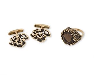 306
Two Various Gemstone Items
14k yellow gold: Ring stamped: 14k / NW
Including a ring centering a round mixed-cut smoky quartz gauged at 18mm x 18mm x 10.5mm (0.75" Dia; ring size: 7.25) and a pair of abstract cufflinks set with two round full-cut diamonds totaling approximately 0.10ct. in weight (1.0" W x 0.75" H)
35.5 grams
3 pieces
Estimate: $800 - $1,200