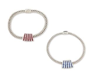 308
Two John Hardy Bracelets And Two Gemstone Enhancers
14k white gold and sterling silver; Variously stamped: John Hardy / John Hardy logo / 925 / 585 / 14k / TT
Including two John Hardy sterling silver woven bracelets one set with nine round mixed-cut sapphires on the clasp totaling approximately 0.40ct. in weight (0.1875" W x 7.5" L) and one set with thirty-three round full-cut diamonds on a clasp totaling approximately 0.30ct. in weight and graded H-I color and VS clarity (0.25" W x 7.5" L) accompanied by two matching 14k white gold bracelet slide enhancers one set with thirty-five calibre-cut rubies and one set with thirty-five calibre-cut sapphires totaling 5.60cts. in combined weight (0.50" W x 0.75" H)
Silver: 41.9 grams; 14k: 10.6 grams
4 pieces
Estimate: $600 - $800