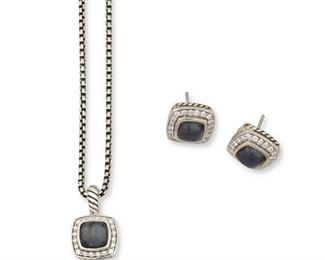 309
A Set Of David Yurman "Albion" Amethyst Jewelry
Sterling silver; Stamped: 925 / D.Y. / ©
Each from the Albion collection from David Yurman, including a sterling silver pendant centering a fancy cushion-cut amethyst doublet backed with hematine gauged at 6.8mm surrounded by twenty round full-cut diamonds totaling approximately 0.40ct. in weight and graded G-H color and VS clarity (0.50" W x 0.75" H) suspended on a sterling silver attached David Yurman neck chain (17.5" L or 16.0" L) with a pair of matching earrings centering fancy cushion-cut amethyst doublets backed with hematine each gauged at 6.5mm in diameter surrounded by forty round full-cut diamonds totaling approximately 0.45ct. in weight and graded G-H color and VS clarity with post and push backings (0.50" Dia)
16.1 grams
3 pieces
Estimate: $600 - $800