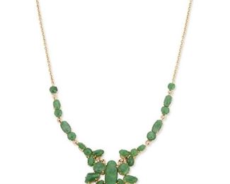 311
A Jade Necklace
22k yellow gold
Comprising an organically shaped pendant featuring ten piees of jade of various sizes and shapes the largest gauged at 19mm x 6.9mm (1.25" W x 1.375" H) on an attached neck chain lined with an additional eighteen jade (17.0" L)
21.0 grams
Estimate: $1,500 - $2,000