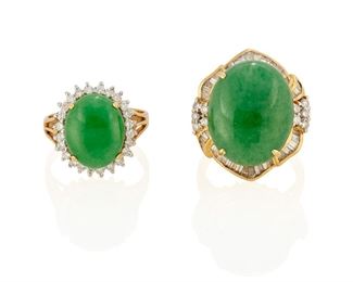 312
Two Jade And Diamond Rings
18k yellow and white gold; One stamped: 750
Including a ring centering an oval cabochon-cut jade gauged at 13.8mm x 11.13mm x 4.2mm and weighs 15cts., surrounded by twenty-four round full-cut diamonds totaling approximately 0.60ct. in weight and graded H-I color and SI clarity (0.50" W x 0.625" H; ring size: 8.25) and a ring centering an oval cabochon-cut jade gauged at 19.5mm x 15.9mm x 5.3mm surrounded by ten round full-cut diamonds and fifty-tapered baguette-cut diamonds totaling approximately 1.25cts. in weight and graded H-I color and SI/I clarity (0.75" W x 1.0" H; ring size: 7)
19.3 grams
3 pieces
Estimate: $1,000 - $1,500