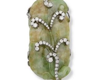 317
A Carved Jade And Diamond Ring
Silver
A jade and diamond ring with a GIA jade report dated March 12, 2022 stating the jadeite jade is a natural green color with no indications of impregnation further topped with fifty-three round full-cut diamonds totaling approximately 1.00ct. and graded H-J color and SI1/I1 clarity
1.75" W x 0.75" H
Ring size: 7.75
Estimate: $2,500 - $3,500