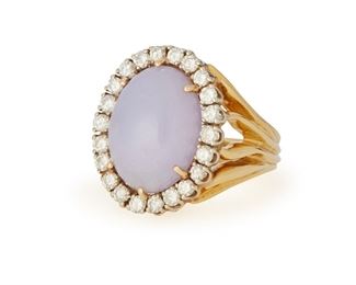 321
A Lavender Jade And Diamond Ring
18k yellow and white; Stamped: 18k
Centering an oval cabochon lavender jade gauged at 15.8mm x 11.7mm x 5.8mm accented by twenty-two round full-cut diamonds totaling approximately 1.10cts. and graded G-H color and SI clarity (0.625" W x 0.875" H)
Ring size: 7.5
13.8 grams
Estimate: $1,000 - $1,500