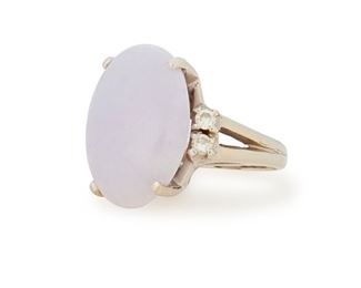 325
A Lavender Jade And Diamond Ring
14k white gold; Stamped: 14k
Centering an oval cabochon-cut lavender jade gauged at 22.9mm x 16.9mm x 6.5mm flanked on either side by four round full-cut diamonds totaling approximately 0.40ct. in weight and graded I-J color and SI clarity (0.75" W x 0.875" H)
Ring size: 6.5
14.1 grams
Estimate: $400 - $600