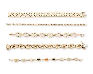 329
Five Gold Bracelets
14k and 10k yellow, white and rose gold: Variously stamped: 14k / Italy / 10k / BB / Mexico
Including three 14k yellow gold link bracelets (largest: 0.50" W x 7.5" L), a 14k yellow gold bracelet centering nine multicolored oval cabochon agates each gauged at 6mm x 4mm (0.3125" W x 7.25" L) and a 10k yellow and rose gold circle link bracelet (0.50" W x 7.5" L)
14k: 46.6 grams; 14k hardstone: 6.6 grams: 10k: 10.0 grams
5 pieces
Estimate: $1,500 - $2,000