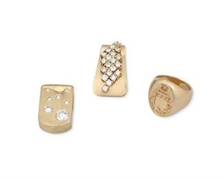 331
A Group Of Diamond Jewelry
14k yellow gold; Each stamped: 14k
Including a pendant set with seven round full-cut diamonds totaling approximately 1.20cts. in weight and graded G-H color and SI clarity (0.625" W x 0.875" H), a pendant set with twenty-four round full-cut diamonds totaling approximately 1.20cts. in combined weight and graded H-I color and VS/SI clarity (0.625" W x 1.0" H) and a crest ring (ring size: 3.25)
34.7 grams
3 pieces
Estimate: $1,200 - $1,800