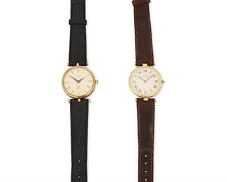 332
Two Wristwatches
Including a Must de Cartier wristwatch with a round dial with Roman numeral hour markers, signed Must de Cartier with a jeweled quartz movement (not examined) within a gold plated sterling silver case, with sterling hallmarkes, signed Cartier Paris, with skin strap. (37mm x 30mm; 25 grams) and a Gucci wristwatch with a round gilt dial, Roman numeral hour markers, signed Gucci with a jeweled quartz movement (not examined) within a gold plate and enamel on base metal case, Gucci company emblem, skin strap. (38mm x 30mm; 28 grams)
2 pieces
Estimate: $500 - $700