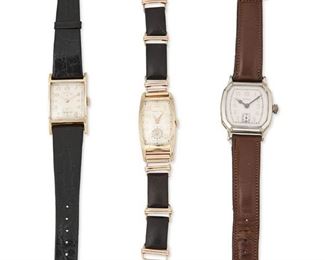 333
Three Various Wristwatches
Including a Hamilton wristwatch with a curvex style silvered dial with applied gilt Arabic hour markers, outer minute track, sub-seconds, signed Hamilton with a 17 jewel stem wind and set movement, Cal: 980, signed Hamilton U.S.A., Serial: G244297 within a 14k gold-filled curvex style case, signed Hamilton W Co., 14k gold filled, #563976, personalized 'GAW' to rear lid. Matching bracelet 10k gold and wood, signed Alan Adler 10k. (42mm x 22mm; 38 grams), a Lord Elgin wristwatch with a rectangular silvered dial, applied gilt Arabic hour markers, sub-seconds, signed Lord Elgin with a 17 jewel stem wind and set movement, signed Elgin, Cal: 550, Serial: C916172. within a rectangular 14k gold-filled case, signed Elgin Star Watch Co., 14k gold filled, #0565563 with skin strap (37mm x 22mm; 27 grams), and an Elgin wristwatch with a white Tonneau style dial, applied gilt Arabic hour markers, outer minute track, sub-seconds, signed Elgin with a 15 jewel stem wind a