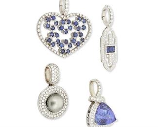 334
Four Gemstone Pendants
14k white gold; Two stamped: 14k
A group of four 14k white gold pendants including a pendant centering a triangular-cut tanzanite gauged at 13mm x 13mm weighing approximately 8.00cts. further set with thirty-eight round full-cut diamonds totaling approximately 0.50ct. in weight and graded H-I color and I clarity (0.625" W x 1.0" H), a heart pendant set with thirty-round mixed-cut sapphires totaling approximately 3.00cts. in weight further set with fifty-seven round full-cut diamonds totaling approximately 1.10cts. in weight and graded H-I color and SI/I clarity (1.25" W x 1.375" H), a pendant centering three rectangular fancy-cut sapphires totaling approximately 0.40ct. in weight and further set with sixty-three round full and single-cut diamonds totaling approximately 0.40ct. in weight and graded H-I color and SI clarity (0.375" x 1.375" H) and a pendant centering a round Tahitian pearl gauged at 9.5mm further set with one hundred eighteen round full-cut dia