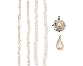 336
A Group Of Four Pearl Jewelry Items
18k, 14k yellow gold and silver; Variously stamped: Konstanino / 925 / 750 / 14k
Four pearl items including a sterling silver and 18k yellow gold pendant by Konstantino centering a mabe pearl gauged at 10mm further accented along the edges by three bezel set cabochon pink tourmalines each gauged at 3mm (1.25" W x 1.625" H; 19.5 grams), a cultured pearl necklace with pearls gauged at 7.5mm - 8.0mm in diameter with a 14k yellow gold box clasp (16.5" L; 33.0 grams), a detachable 14k yellow gold pendant centering a pear shaped mabe pearl gauged at 20mm x 15mm and four round single-cut diamonds totaling approximately 0.03ct. in weight (0.75" W x 1.50" H; 4.7 grams) and a freshwater "rice" pearl necklace with a 14k yellow gold clasp (28" L; 19.1 grams)
4 pieces
Estimate: $300 - $500