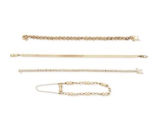 338
Four Gold Bracelets
14k yellow gold; Variously stamped: 14k / 585 / Italy
Including a bracelet set with forty-six round single-cut diamonds totaling approximately 0.35ct. in weight and graded I-J color and I1 clarity (7.25" L x 0.125" W) and three bracelets of various link designs (longest: 7.875" L)
14k: 27.4 grams; 14k with diamonds: 5.5 grams
4 pieces
Estimate: $400 - $600