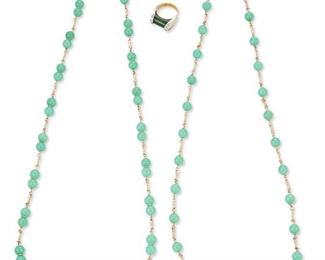 339
Three Chyrsoprase Jewelry Items
18k and 14k yellow gold: Ring stamped: 18k / Italy; Necklaces stamped: 14k
Including a 18k white and yellow gold ring centering a carved chrysoprase gauged at 11.3mm x 8.3mm x 5.8mm flanked on either side by eight round single-cut diamonds totaling approximately 0.12ct. (ring size: 7.5) and two 14k yellow gold chrysoprase bead necklaces each gauged at approximately 8mm in diameter (28.5" L)
Ring: 11.4 grams; Necklaces: 73.5 grams
3 pieces
Estimate: $800 - $1,200