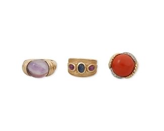 340
Three Gemstone Rings
14k yellow and white gold: Variously stamped 14k / FP / AE
Including an Etruscan style wide band centering an oval cabochon sapphire gauged at 6.4mm x 4.4mm flanked on either side by two cabochon oval rubies each gauged at 5.5mm x 4mm (0.50" W; ring size: 7.25), a ring centering a round coral gauged at 16mm in diameter accented by ten round single-cut diamonds totaling approximately 0.10ct. (0.75" Dia; ring size: 6.25) and ring centering an oval cabochon amethyst gauged at 15mm x 13.1mm (0.50" W; ring size: 9)
24.9 grams
3 pieces
Estimate: $800 - $1,200