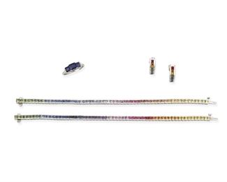 341
A Group Of Multicolored Sapphire Jewelry
14k and 10k white gold; Variously stamped: 10k / 585
Including two matching 14k white gold line bracelets each set with fifty-seven channel-set square mixed-cut colored sapphires and rubies including yellow, orange, pink, purple, blue and green each totaling approximately 10cts. in weight (0.125" W x 7.0" L) with matching multi-colored sapphire and ruby huggie style earrings with post and push backings (0.125 W x 0.625" H) and a 10k white gold ring set with three square step-cut blue simulated stones and four round full-cut diamonds totaling approximately 0.05ct. (0.25" H, ring size: 8.25)
14k: 43.2 grams; 10k: 2.6 grams
5 pieces
Estimate: $1,200 - $1,800