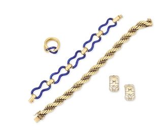 342
A Group Of Gold Jewelry Including Bulgari
18k yellow and white gold; Bulgari ear clips stamped: Bvlgari / 750 / T479 / Assay marks; Others variously stamped: 750 / 118 M
Including a pair of 18k white and yellow gold Bulgari huggie style ear clips (0.50" W x 0.875" H; 29.2 grams), an 18k yellow gold and blue enamel on metal link bracelet 0.625" W x 7.25" L; 50.1 grams) with a matching ring (0.50" H; 17.7 grams) and an 18k yellow gold twisted rope bracelet (0.50" W x 8.50" L; 44.3 grams)
5 pieces
Estimate: $1,000 - $1,500