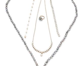 349
A Group Of Gemstone And Diamond Jewelry
14k and 9k gold; Various stamps include: 585/ 9 C / 14k
A group of jewelry including a 14k yellow gold bracelet set with eleven bezel set simulated round diamonds (0.125" W x 7.5" L; 5.5 grams), a 14k yellow gold bracelet set with twenty-four oval moonstones each gauged at 6.5mm x 5mm (0.1875" W x 7.25" L; 9.1 grams), a 14k yellow gold ring set with a cluster of thirteen round opals each gauged at 3mm - 3.8mm (ring size: 5.75; 0.50" Dia; 3.0 grams), a 14k yellow gold detachable pendant set with five baroque gray freshwater pearls largest gauged at 10.7mm x 6.5mm accented with three round full-cut diamonds totaling approximately 0.15ct. (0.75" W x 1.50" H; 9.8 grams) on a gray freshwater pearl strand necklace each gauged at approximately 6.5mm with a gold filled clasp (39.0" L; 54.9 grams) and a 9k yellow gold necklace comprising of round opals graduating in size each gauged 3.5mm - 5.7mm with a 14k yellow gold neck chain (21.0" L, 10.9 grams)